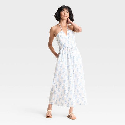 Women's Maxi Halter A-Line Dress Universal Thread White Paisley L