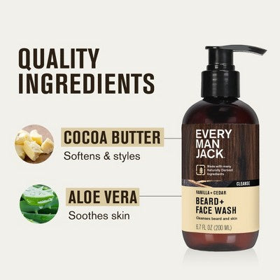 Every Man Jack Naturally Derived Men's Beard and Face Wash - Vanilla + Cedar - 6.7 fl oz: Paraben-Free, Vegan, Gel, Normal Skin