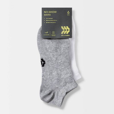 Women's Lightweight Active Mesh 6pk No Show Socks - All In Motion White/Heather Gray/Black 4-10: Moisture Wicking, Arch Support