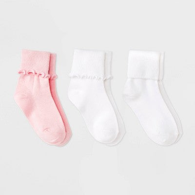 Girls' 3pk Turn Cuff Crew Socks - Cat & Jack Pink S