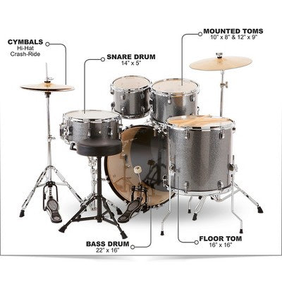 Ludwig BackBeat 5-Piece Drum Set With Hardware and Cymbals - Metallic Silver Sparkle