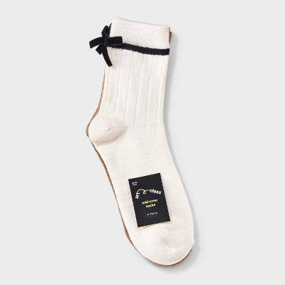 Girls' 2pk Velvet Bow Dressy Mid-Crew Socks - art class White/Ivory M