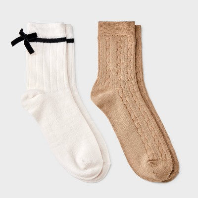 Girls' 2pk Velvet Bow Dressy Mid-Crew Socks - art class White/Ivory M