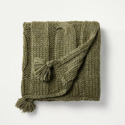50"x60" Cable Knit Throw Blanket Green - Hearth & Hand with Magnolia