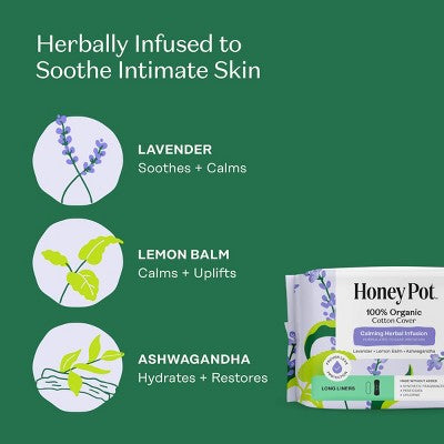 Honey Pot 100% Organic Cotton Cover Calming Herbal Infusion Long Liners - 30 ct