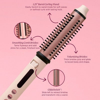 FHI Heat SwiftStyler Retractable Speed Styler Heating Curling Brush - Light Pink - 1"x1": Ceramic, All Hair Types, 5 Heat Settings
