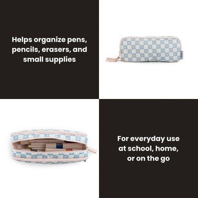 Yoobi Triple Zip Pencil Pouch Pale Blue Daisy Checker