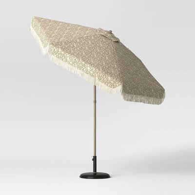 7.5' Floral Fringe Edge Outdoor Round Patio Market Umbrella Sage Green with Faux Wood Pole - Threshold (LOCAL PICKUP ONLY)