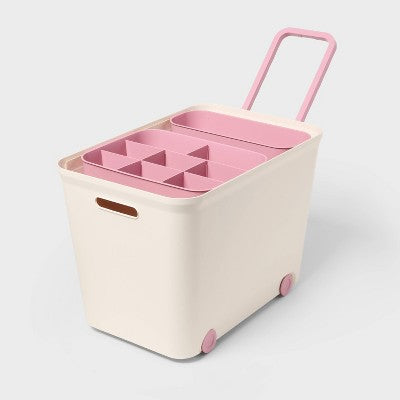 11.58gal Building Brick Play Rolling Storage Tub Pink - Brightroom