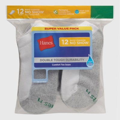 Hanes Boys' 12pk Cushioned No Show Athletic Socks - White L