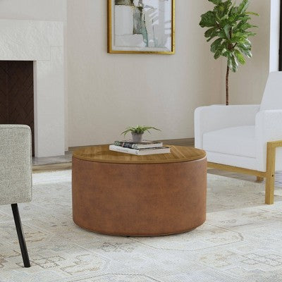 Wood Top Storage Ottoman Brown Faux Leather - HomePop: Modern Round Upholstered Bench, Easy to Assemble (LOCAL PICKUP ONLY)
