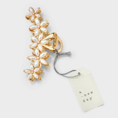 Metal Flower Pearls Claw Hair Clip - A New Day Gold: Hair Styling, Securing, Zinc, Plastic, Aluminum