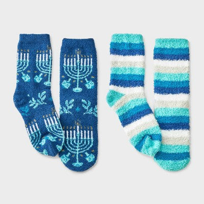 Kids' 2pk Hanukkah Menorah Cozy Crew Socks with Gift Card Holder - Wondershop Navy Blue M/L