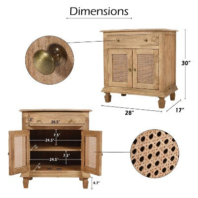 The Urban Port 30" Nightstand Table Rattan Cabinet Doors and Drawer Fronts Sandblasted Brown Mango Wood Brown (LOCAL PICKUP ONLY)