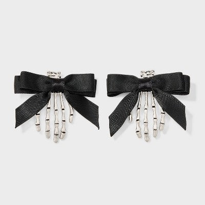 Halloween Skeleton Bow Hair Clip Set 2pc - Black/Silver