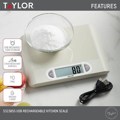 Taylor 11lb Digital Kitchen Food Scale USB with Ocean Bound Plastic Cream: Rechargeable LCD Display, 11lb Capacity