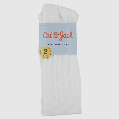Girls' Casual Knee High Socks - Cat & Jack 2pk White L: Midweight Cable Knit, Banded Cuff
