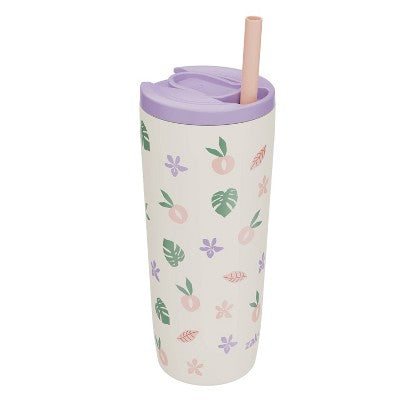 Zak Designs 20 fl oz Stainless Steel Peachy Print Straw Tumbler Purple