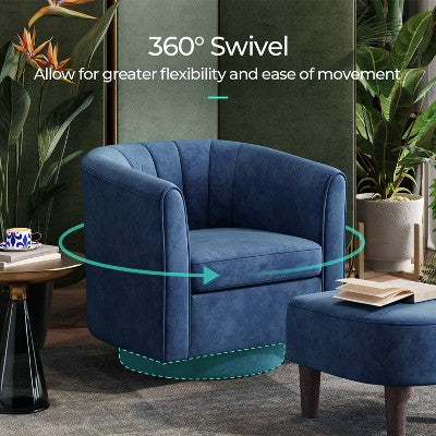 LINSY HOME Swivel Accent Chair Ottoman Set, Velvet Small Barrel Chair with Foot Rest Blue 27.4'' x 25.6'' x 26'' (LOCAL PICKUP ONLY)