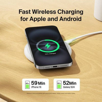 Belkin 15W Qi Charging Pad - White: MagSafe Compatible, USB-C Connection, Quick Charge