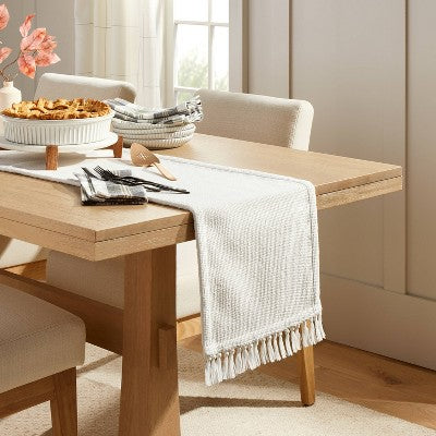 14"x72" Pebble Textured Woven Table Runner Cream - Hearth & Hand with Magnolia: Fringed, Farmhouse Style
