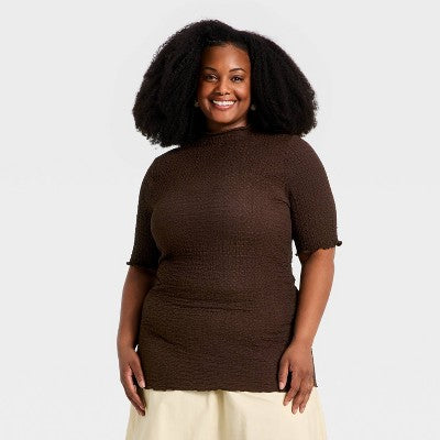 Women's Short Sleeve Mock Neck Textured Top - A New Day Brown 4X