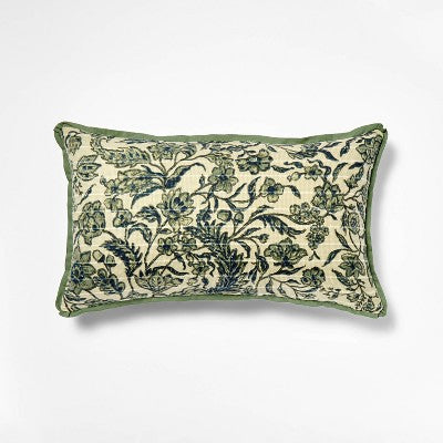 14"x24" Jacobean Floral Throw Pillow Green and Blue - Threshold designed with Studio McGee