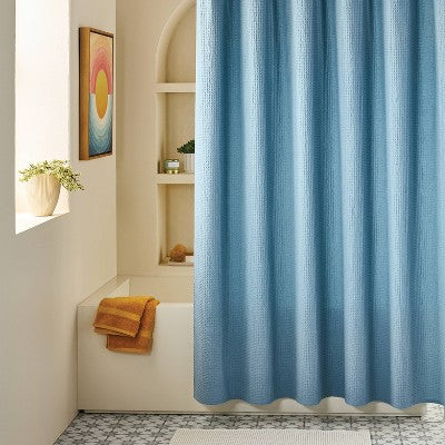 Oversized Relaxed Waffle Weave Shower Curtain Blue - Threshold