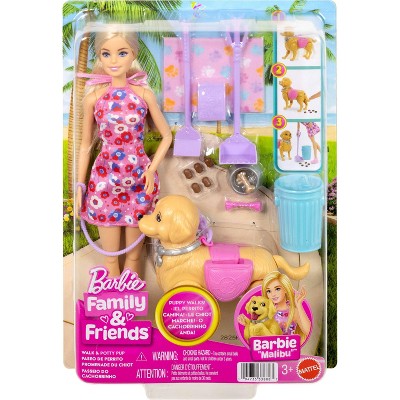 Barbie "Malibu" Walk & Potty Pup Toy Set, Includes Doll, Walking Pet Dog with Potty Feature, & Accessories