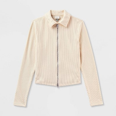 Women's Brushed Ribbed Polo Zip-Up Jacket - A New Day Cream M