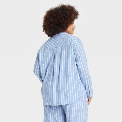 Women's Striped Cotton Blend Long Sleeve Pajama Shirt - Auden Light Blue 1X