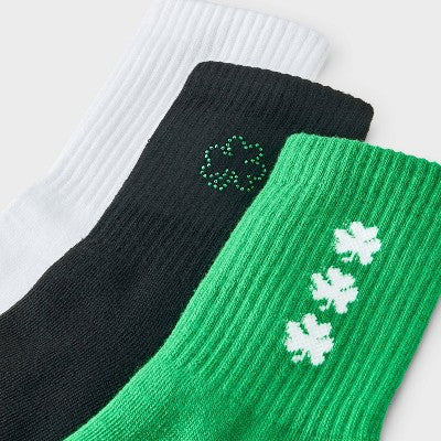 Women's Sparkly Shamrock Ribbed St. Patrick's Day 3pk Mid Crew Socks - Black/White/Green 4-10