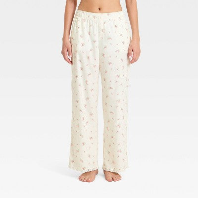 Women's Lace Trim Flannel Pajama Pants -Cream Floral XXS