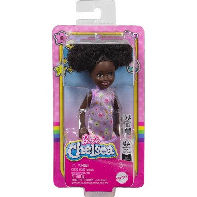 Barbie 6.3" Chelsea Small Doll Brown Hair/Brown Eyes Wearing Removable Purple Floral Dress with Space Buns
