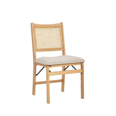 Bayley Rattan Back Fabric Folding Chair Natural - Powell: Linen Upholstered, Rubberwood Frame, No Assembly Required (LOCAL PICKUP ONLY)