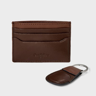 Men's RFID Card Case with Air Tag Hat and Wallet Set 2pc - Goodfellow & Co Dark Brown One Size Fits Most