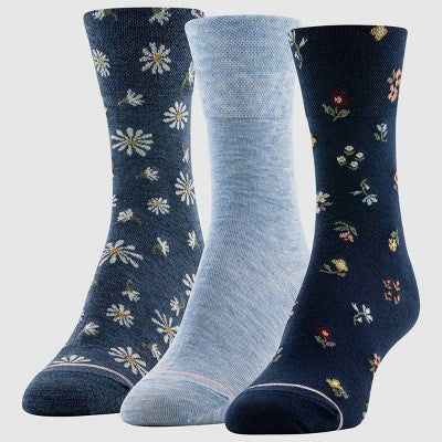Goldtoe Signature Collection Women's 3pk Fresh Care Ditsy Floral Mid Crew Socks - Navy/Chambray/Denim 6-9