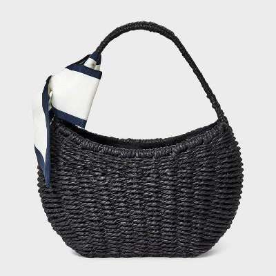 Straw Mini Bag with Bow - A New Day Black: Woven Paper Straw, Structured Shoulder Handbag, Single Handle, Solid Pattern