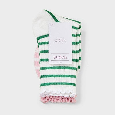 Women's 2pk Comfortwear Rib Texture Demi Crew Socks - Auden - White/Pink