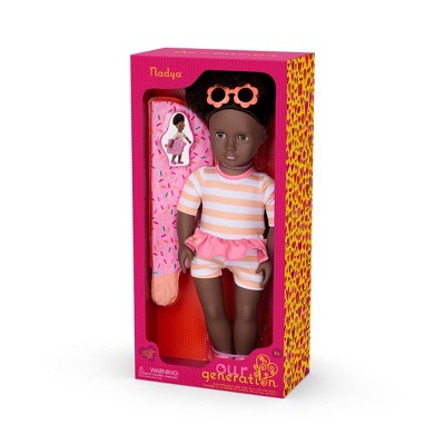 Our Generation Nadya 18" Doll with Swimsuit and Pink Pool Float Accessory: Fashion Doll, Curly Dark Brown Hair