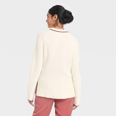 Women's Crew Neck Pullover Sweater - A New Day Cream Hearts XS