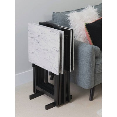 Linon 4pc 26.4" Talia TV Tray Table Set Faux Marble with Storage Rack White (LOCAL PICKUP ONLY)