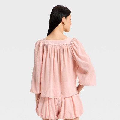 Women's Long Sleeve Square Neck Sheer Blouse - A New Day Pink M