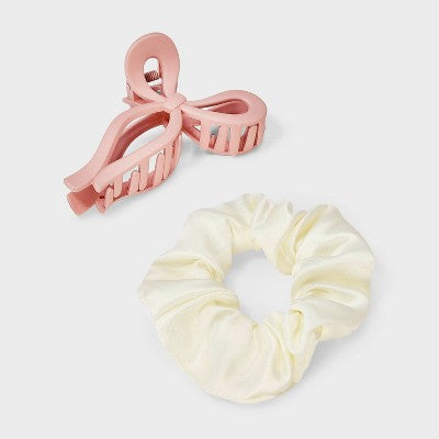 Fleece Pouch Hair Bow Claw Clip Satin Twister Spa Set - Wild Fable Ivory
