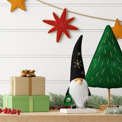 Fabric Christmas Gnome Figurine with Black Hat Holding Wreath - Wondershop: Indoor Holiday Decor, Tabletop Display