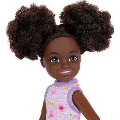 Barbie 6.3" Chelsea Small Doll Brown Hair/Brown Eyes Wearing Removable Purple Floral Dress with Space Buns