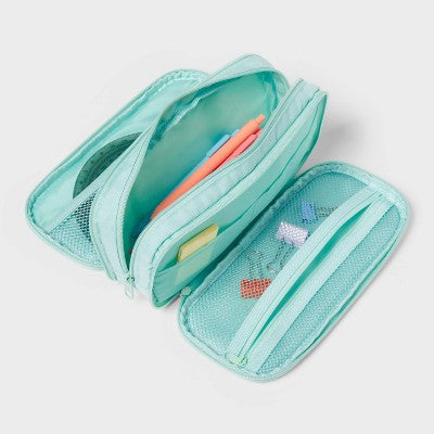 Triple Zip Multicompartment Pencil Case Pouch Teal - up&up