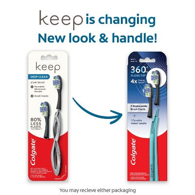 Colgate 360 Floss Tip Toothbrush with Metal Handle and 2 Replaceable Brush Heads - Trial Size - Blue