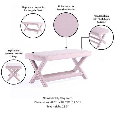 Manhattan Comfort Abigail Velvet Upholstered Double Ottoman Pink: Mid-Century Modern, No Assembly Required, Wood Legs (LOCAL PICKUP ONLY)