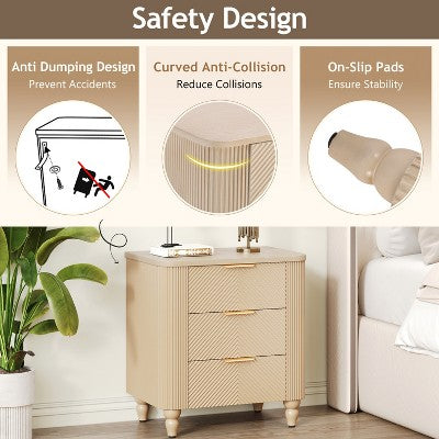 ModernLuxe Fluted 3 Drawers Nightstand Bedside Table End Table, Mid-Century Side Table with Gold Glossy Handles & Gourd Legs, Champagne (LOCAL PICKUP ONLY)